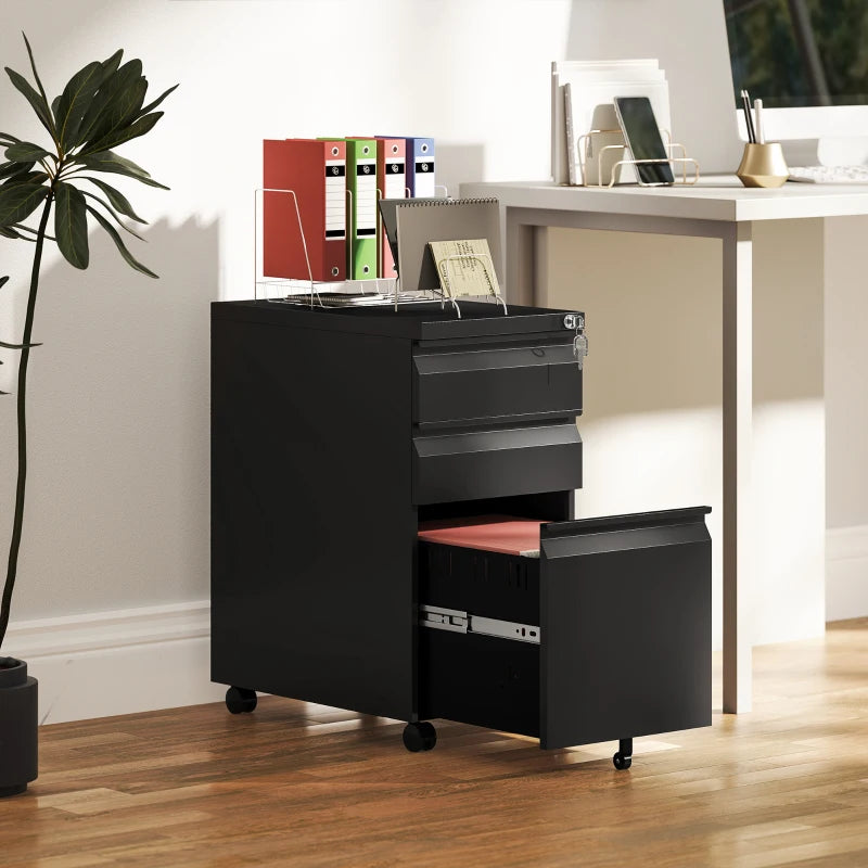 Vinsetto Black 3-Drawer Steel Filing Cabinet with Lock & Wheels - Secure Storage Solution for Home & Office