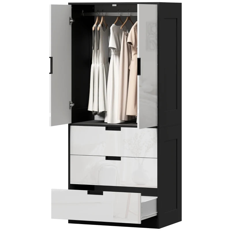 Modern 2 Door Wardrobe with 3 Drawers and Hanging Rod for Stylish Bedroom Storage