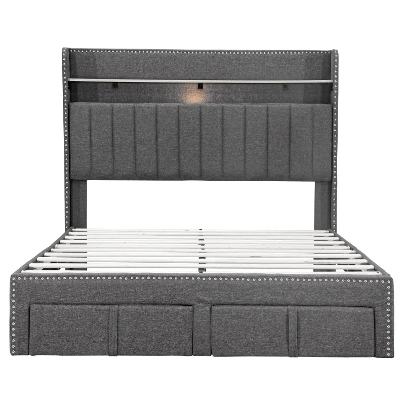 Double Upholstered Bed with Storage Drawers and Charging Ports in Grey Linen Frame