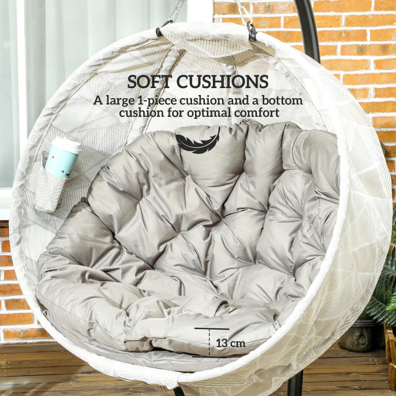 Hanging Egg Chair - Outdoor Indoor Garden Swing Chair with Folding Basket, Thickened Cushion, Cup Holder - Sand Brown - Perfect for Patio and Balcony