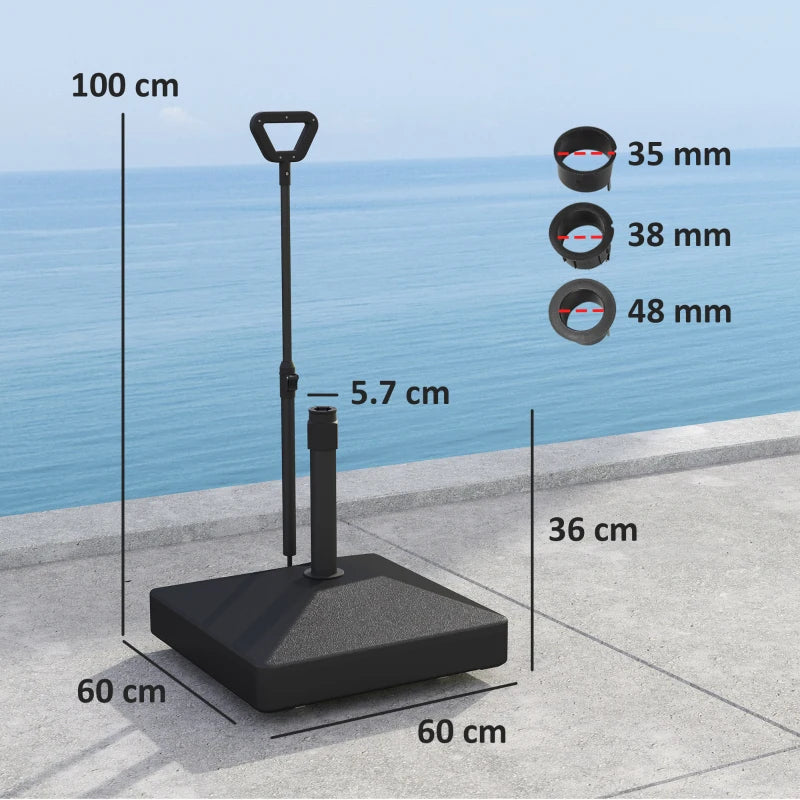 Adjustable Garden Parasol Base with Wheels and Handle - Black, 55kg Capacity for Sun Umbrella Stand, 45kg with Water, Ideal for Garden and Poolside
