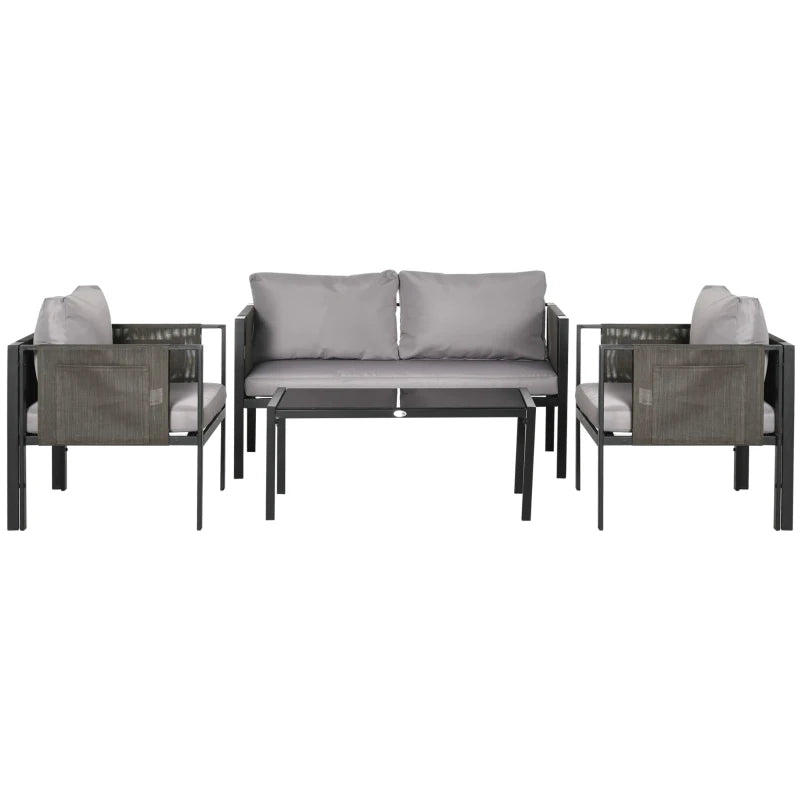 4 Piece Metal Garden Furniture Set with Glass Coffee Table and Cushions for Outdoor Relaxation