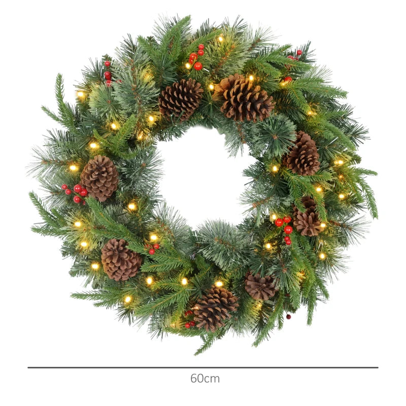 60" Cone and Berry Christmas Wreath with LED Lights - Festive Holiday Decor for Home and Office