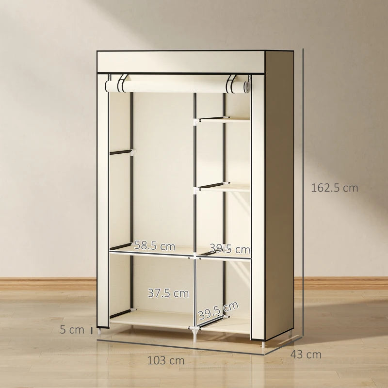 Portable Fabric Wardrobe with 6 Shelves and Hanging Rail Cream White 103x43x162.5 cm