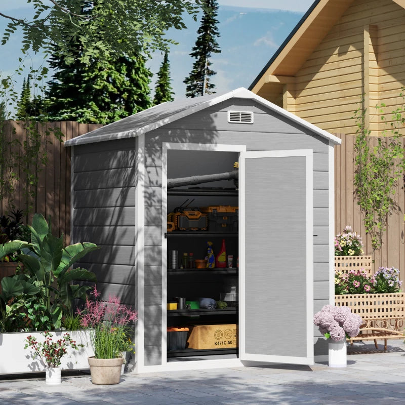 6ft x 4ft Grey Plastic Garden Shed with Floor, Window, Lockable Door and Vents - Wood Effect Resin Tool Storage for Outdoor Use
