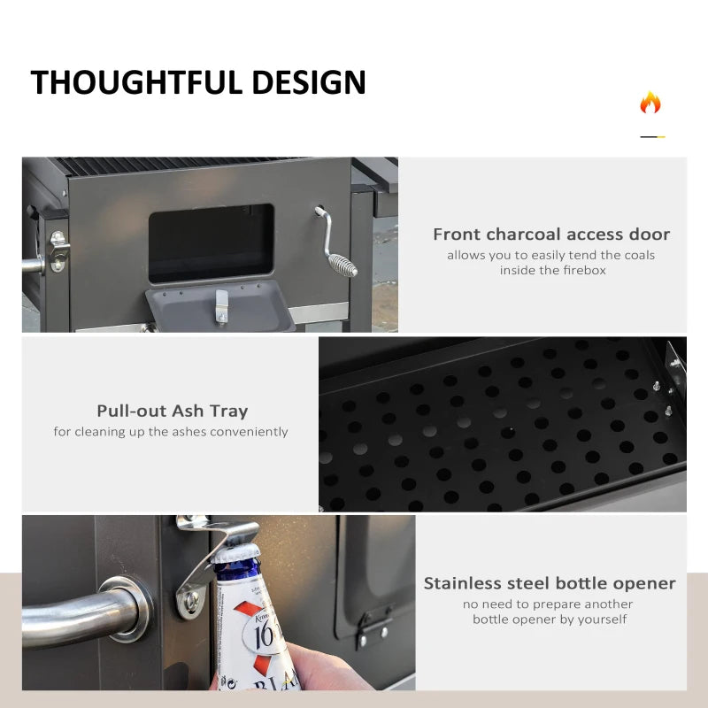 Charcoal BBQ Grill with Adjustable Grate, Smoker, Shelf, Wheels - Black