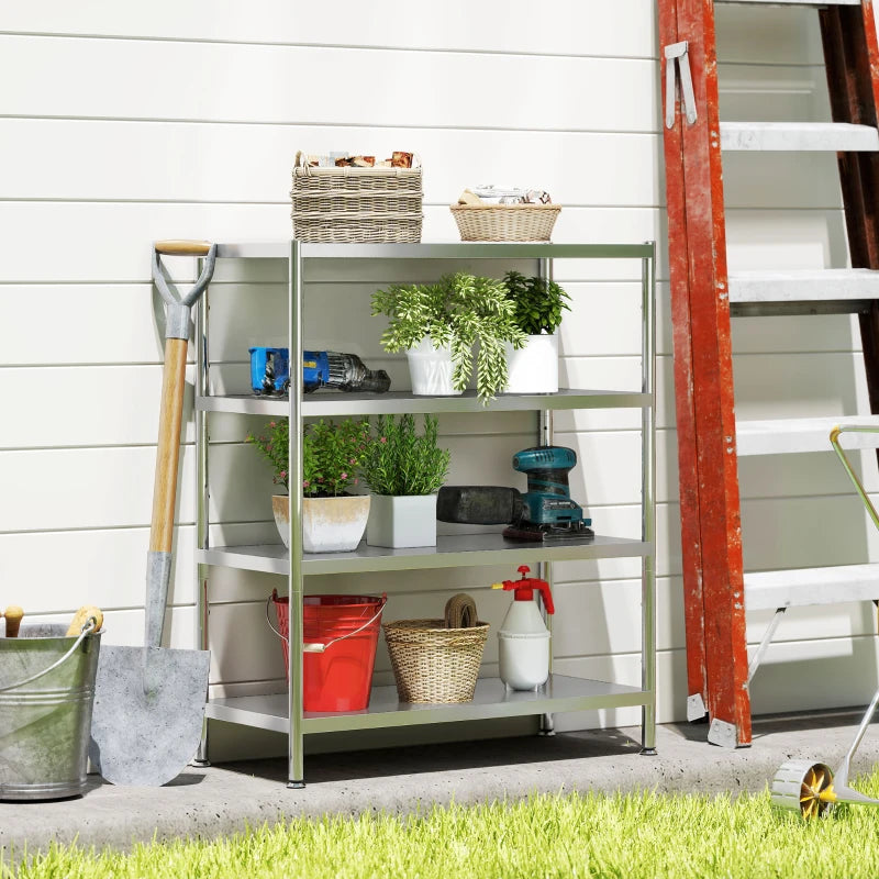 4-Tier Stainless Steel Bakers Rack with Adjustable Shelves - Kitchen Storage Unit for Spices, Pots & Pans - Silver Tone