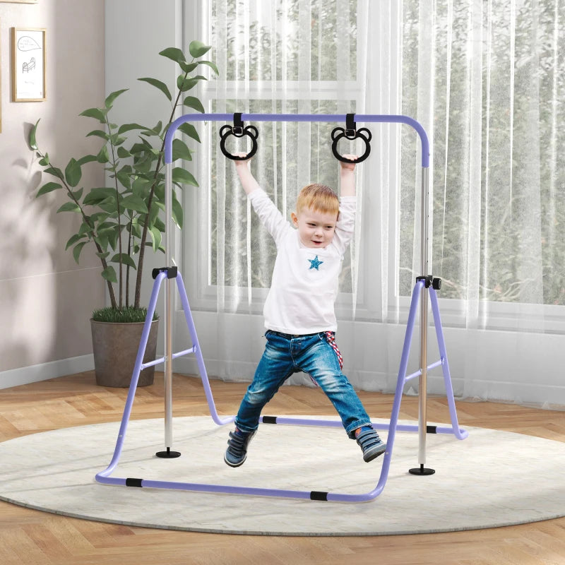 Adjustable Height Foldable Kids Gymnastics Bar with Non-slip Rubber Floor Rings for Ages 3 and Up in Purple