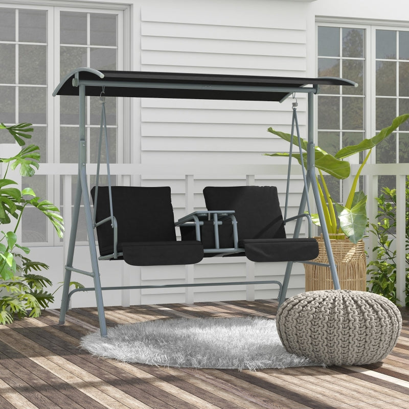 Black 2-Seater Patio Swing Chair with Tilting Canopy and Storage