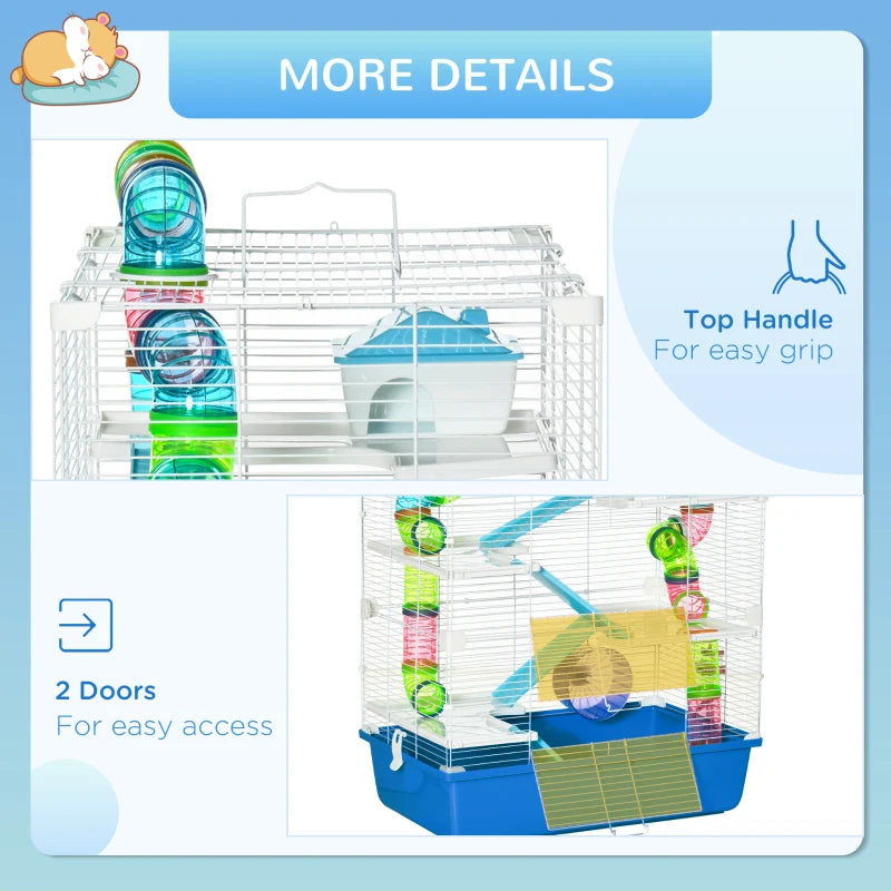 5-Tier Hamster Cage with Tube, Water Bottle, Exercise Wheel & Food Dish - Blue, 59L x 36W x 69H cm