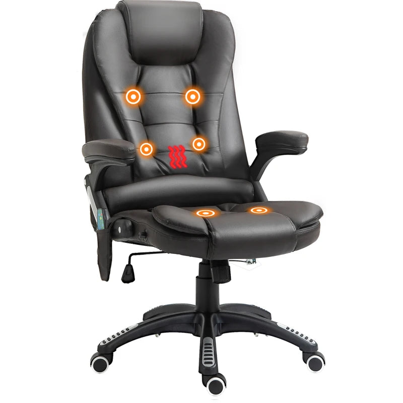 6-Point Heated Massage Office Chair - PU Leather High Back Executive Desk Chair with Adjustable Height & 360° Swivel, Brown