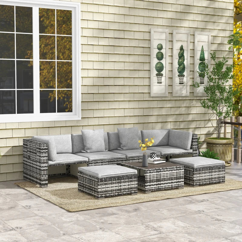 Seven-Piece Rattan Sofa Set With Cushions - Grey