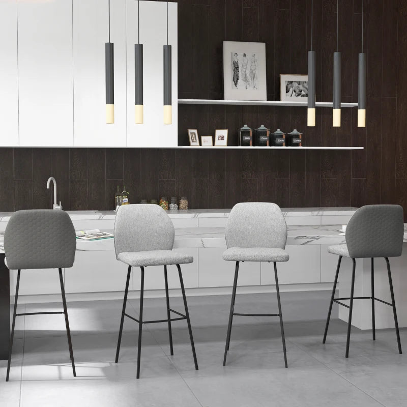 Set of 4 Linen-Touch Upholstered Bar Stools with Backs, Steel Legs - Light Grey Kitchen Chairs for Dining Room