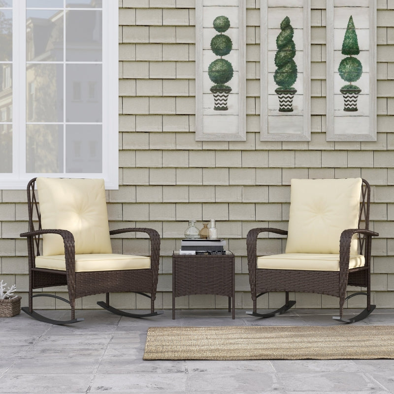 Brown Rattan Three-Piece Rocking Chair Bistro Set - Outdoor Furniture, Comfortable Seating