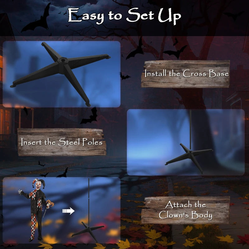 183 cm Life Size Animated Clown with Skull Staff - Scary Halloween Decoration with Light Up Eyes & Sound Activated Movement