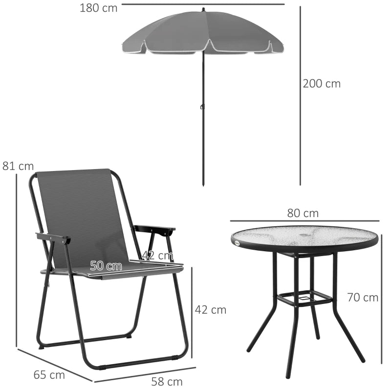4 Seater Grey Garden Furniture Set - 6 Piece Outdoor Dining Set with Folding Chairs and Round Glass Top Table, Includes Parasol for Patio