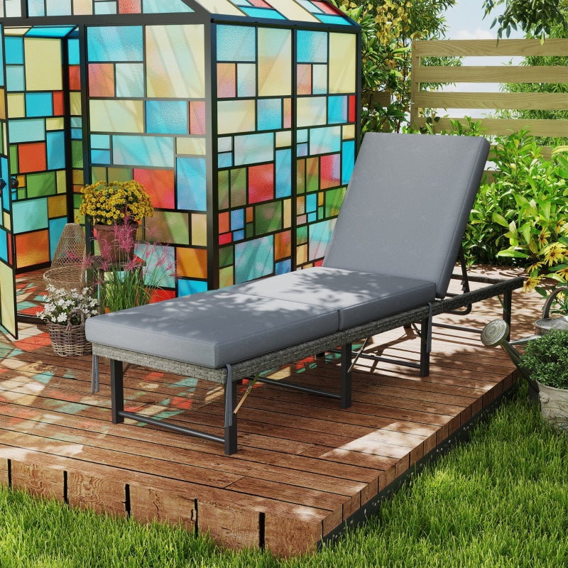 Grey Single Folding Rattan Sun Lounger with Cushion - Outdoor Relaxation Chair