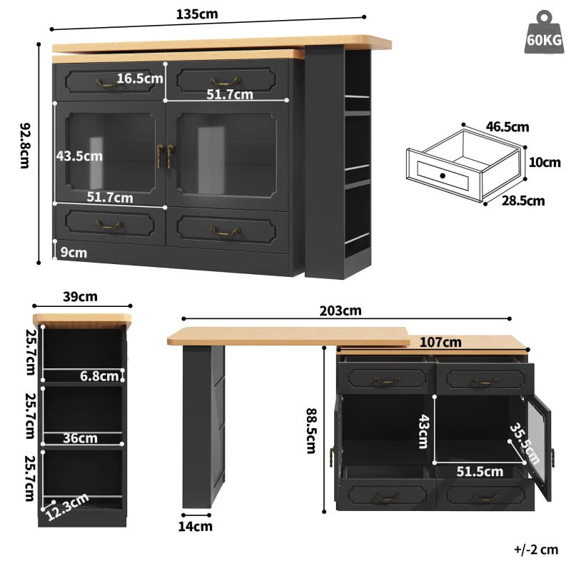 360° Rotating Bar Table with Spice Rack & Extendable Kitchen Island - 4 Drawers, Black, 135-203L x 39W x 93H cm