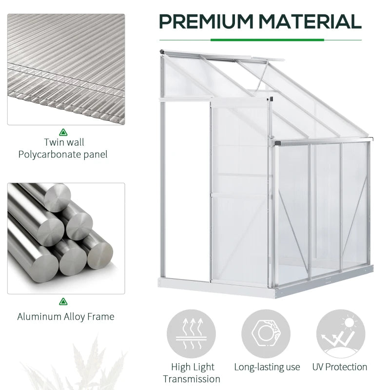 Silver 6x4ft Lean-to Greenhouse with Roof Vent for Plants