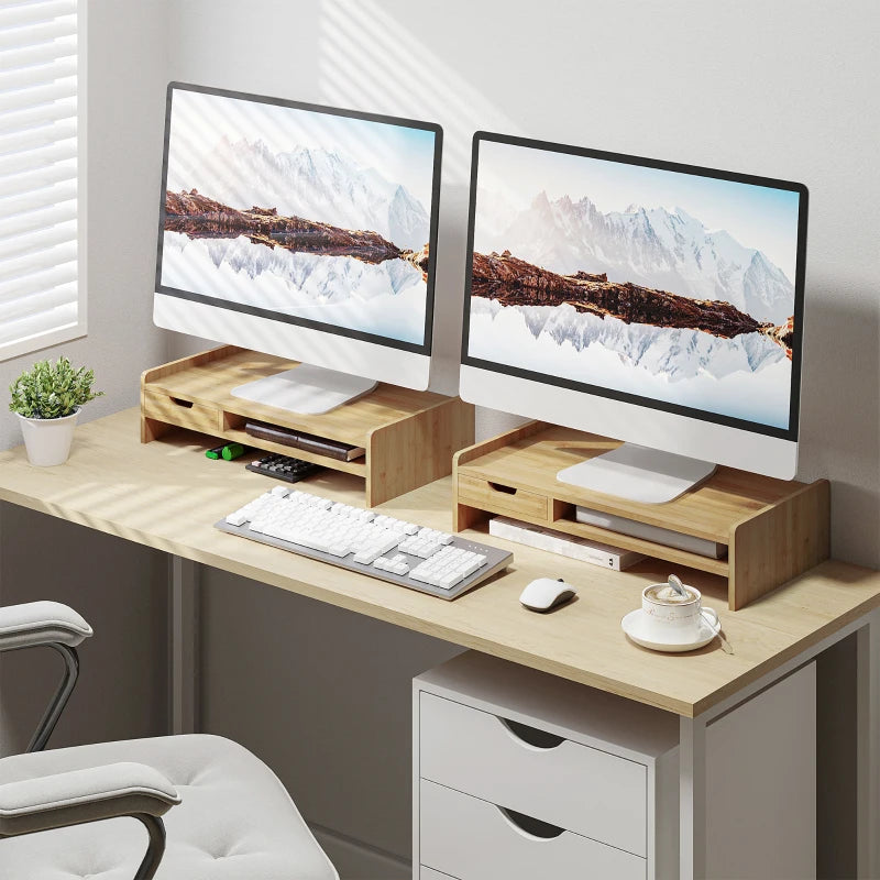 Bamboo Monitor Riser Stand with Drawer - Laptop PC Plinth Organizer for Desktop & TV - Stylish & Functional