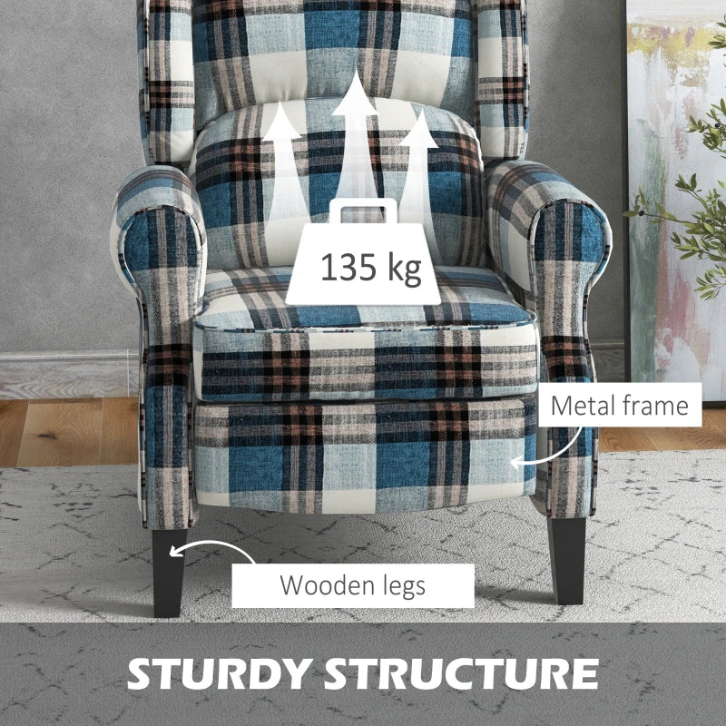 Wingback Reclining Chair with Footrest and Armrests for Living Room or Bedroom, Blue Fabric, Wooden Legs