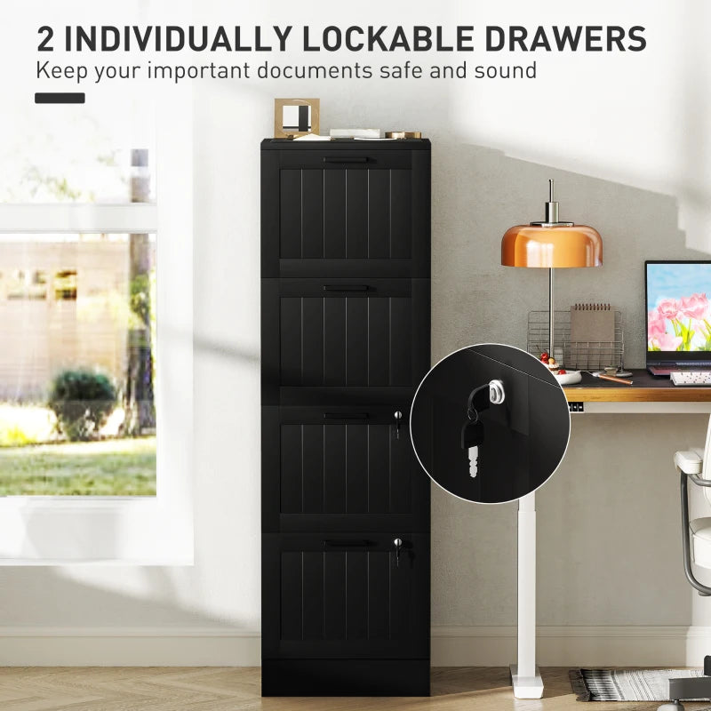 Secure 4 Drawer Filing Cabinet with Lock - Adjustable Hanging Bars for A4 Files - Stylish Black Office Storage Solution