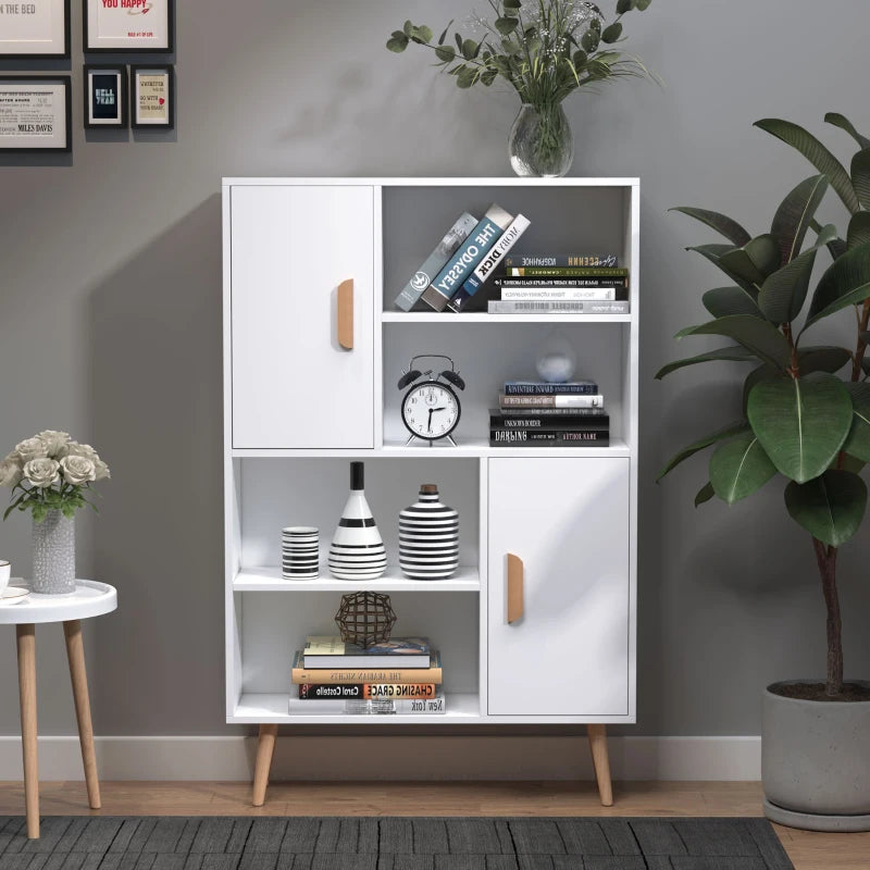 Modern White Sideboard Bookshelf - Free Standing Bookcase with Adjustable Shelves, Wooden Legs & Two Doors for Stylish Storage