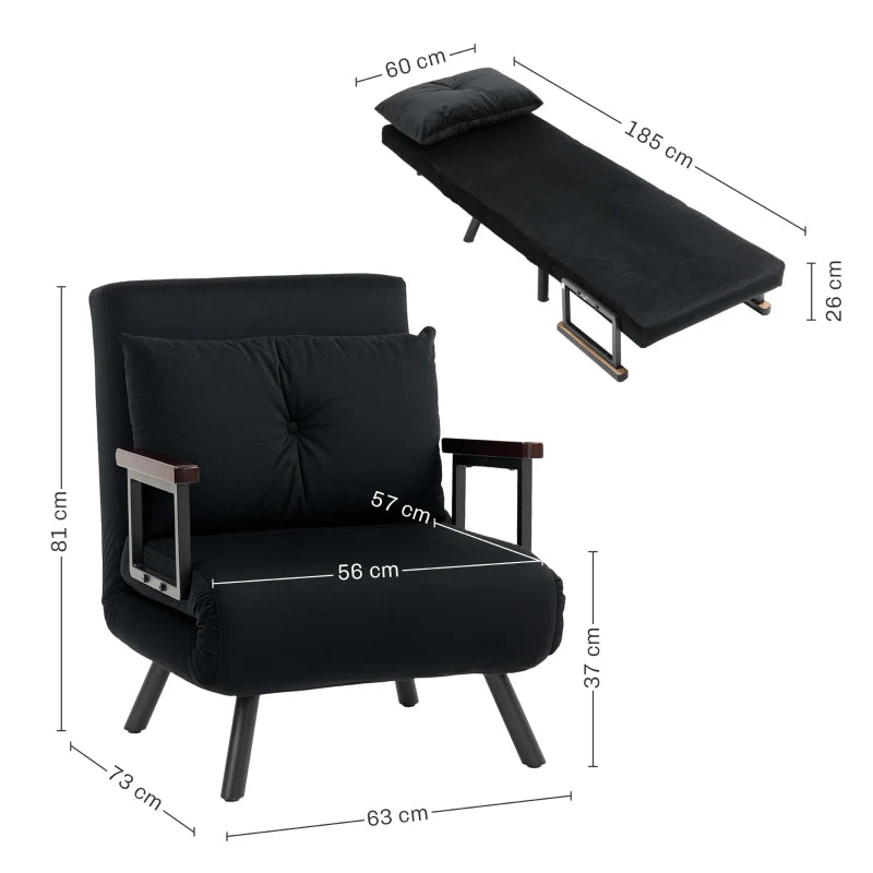 Velvet-Feel Single Chair Bed with Pillow - Stylish Black Design for Comfort and Versatility