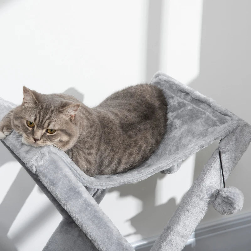 Two Tier Cat Tree for Indoor Cats - Plush Folding Activity Tower with Scratching Post, Hammock & Pom Poms - Grey
