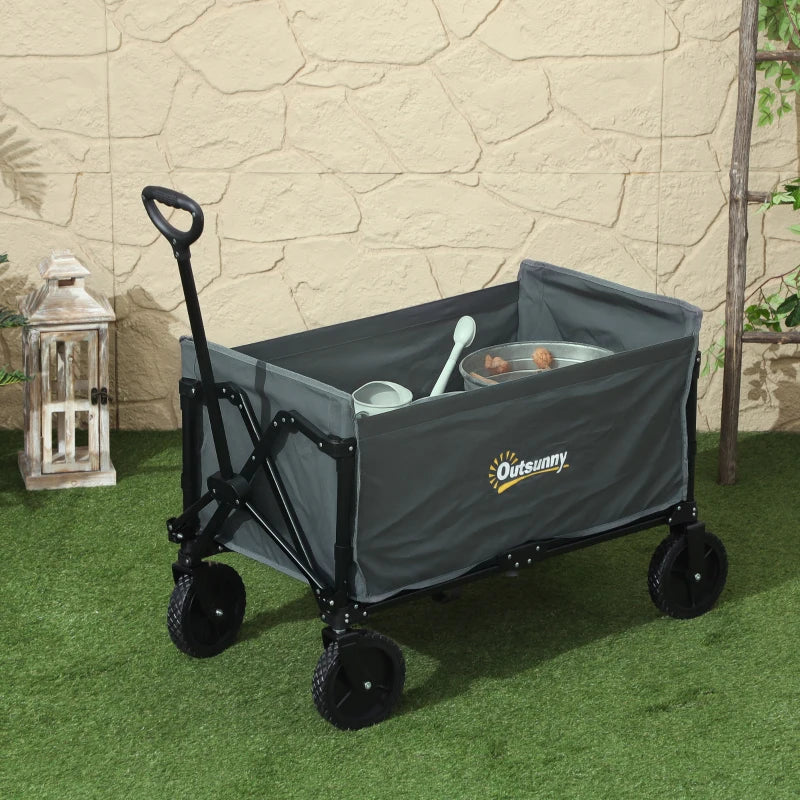 120L Grey Folding Garden Trolley Cart - Outdoor Collapsible Wagon with Wheels & Adjustable Handle for Beach, Camping & Festivals