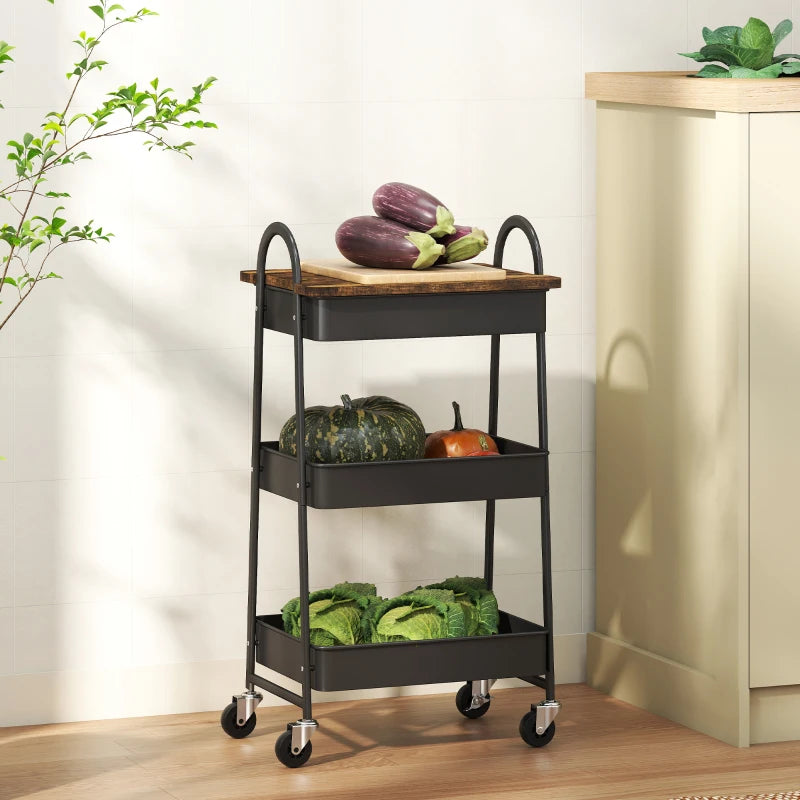 Rustic Brown & Black 3-Tier Kitchen Storage Trolley on Wheels with Cover Top Board - Stylish & Functional