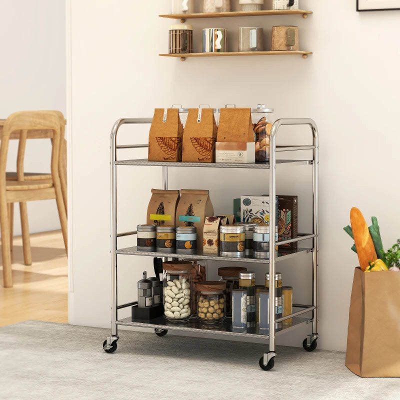 3 Tier Stainless Steel Kitchen Storage Trolley with Adjustable Shelf - Versatile Silver Cart for Organizing Kitchen Essentials