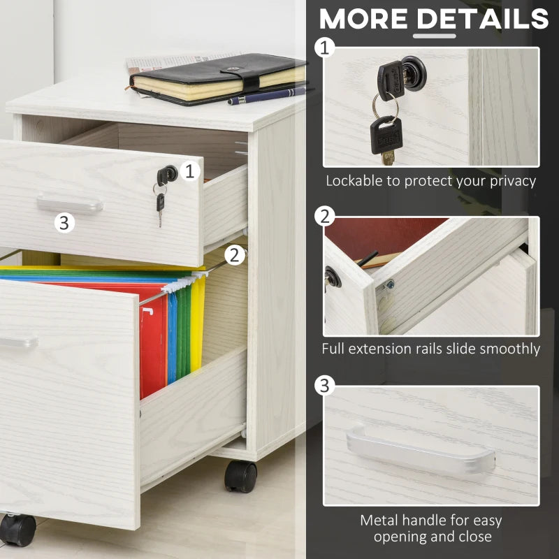 Vinsetto 2-Drawer Locking Office Filing Cabinet with Wheels - A4 Storage Cupboard for Home Organization - White Wood Grain