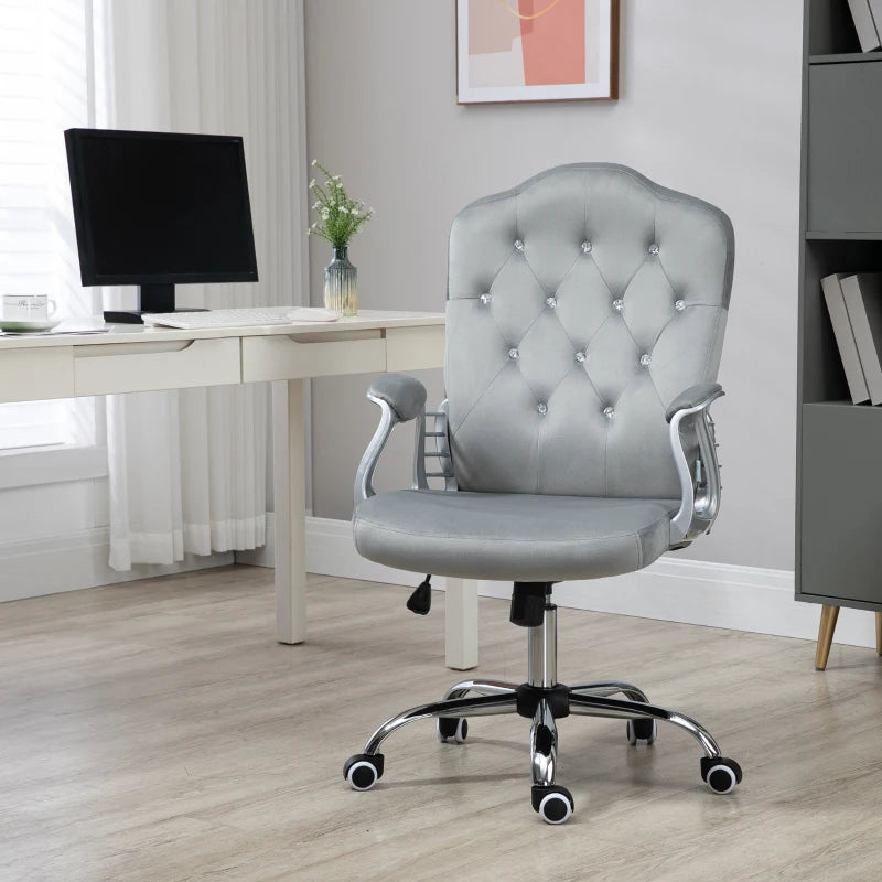 Vinsetto Grey Velvet-Feel Office Chair with Diamante Back - Stylish Ergonomic Design for Home & Office Use