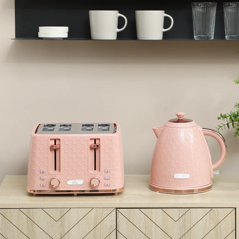 Light Pink Kettle and Toaster Set - 1.7L Fast Boil Jug Kettle & 4 Slice Toaster with 7 Browning Levels