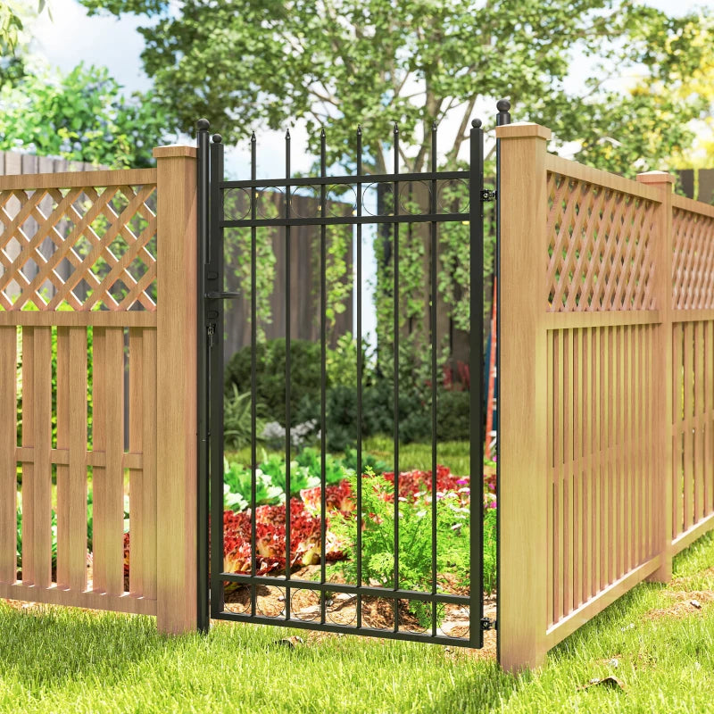 Galvanised Steel Garden Gate with Lock, Keys & Handle - Black Outdoor Security Barrier 105x204 cm