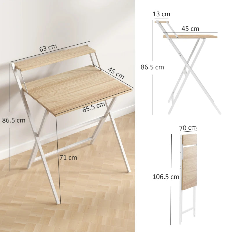 70 cm Folding Computer Desk with Monitor Shelf - Stylish Natural Wood Finish for Home Office & Study