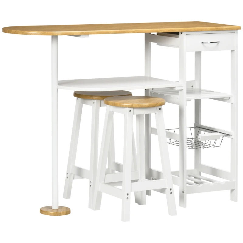 3 Piece Bar Table Set with Stools, Storage Shelf, Drawer, Wire Basket & Wine Rack - Natural & White Finish for Kitchen & Home Bar