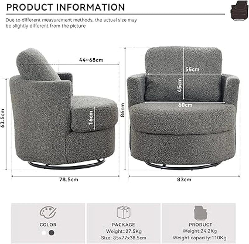 Light Grey Chenille Swivel Recliner with Back Cushion, Thick Foam Padding, 360° Rotation, 78.5x83x86 cm