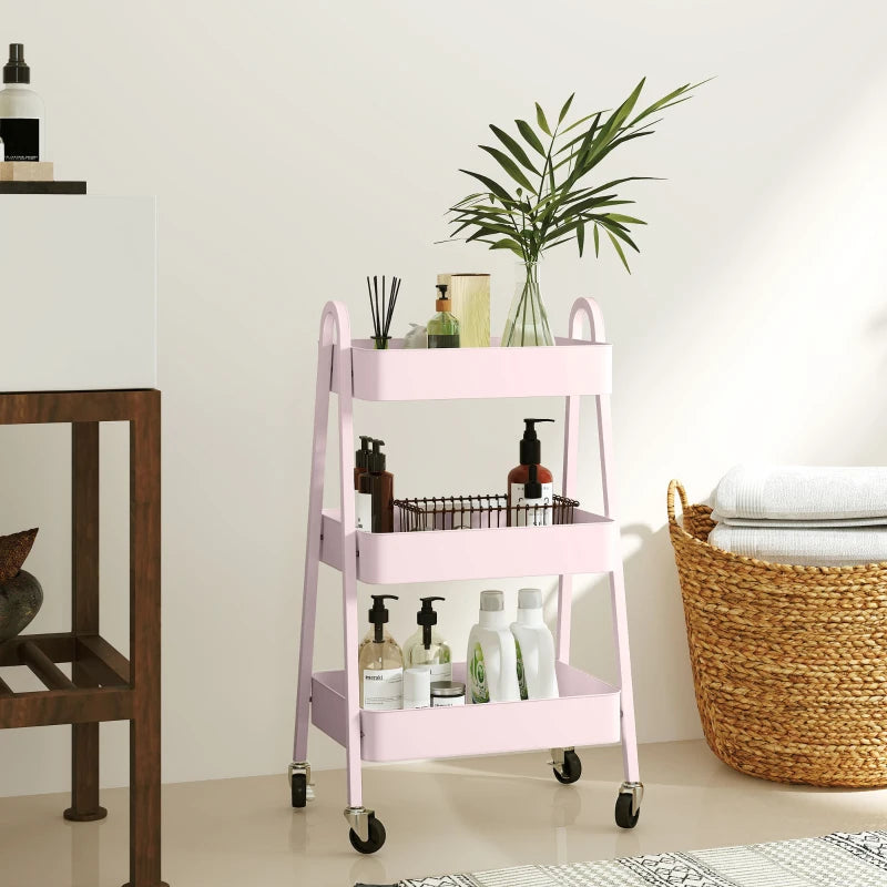 Pink Three-Tier Storage Trolley - Stylish Rolling Cart for Organizing Home, Office, or Kitchen - Versatile and Functional Design