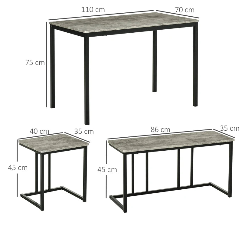 Concrete Effect Dining Table and Chairs Set for 4 - Stylish Kitchen Bench Set with Steel Frame, Grey 4-Piece Dining Room Furniture