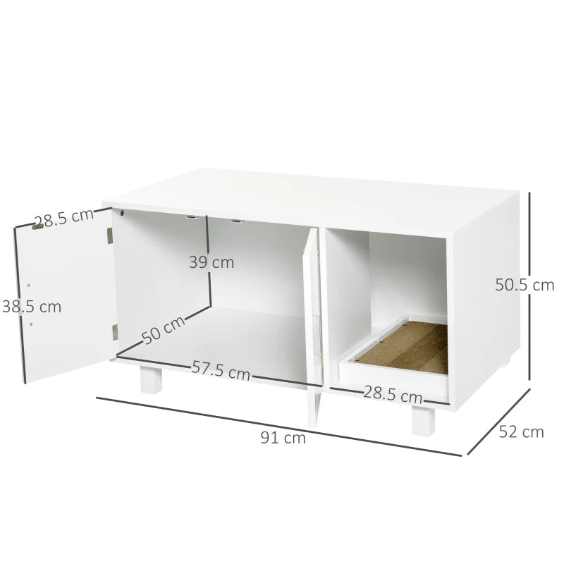 Wooden Cat Litter Box Enclosure with Nightstand Design, Scratching Post & Magnetic Doors - Stylish White Cat House