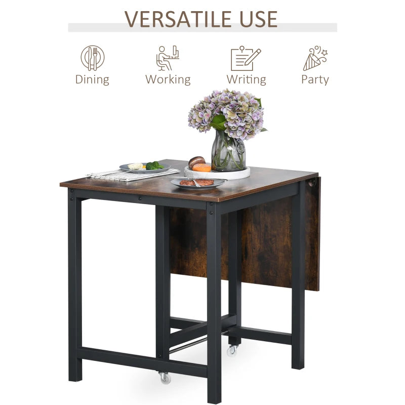 Industrial Folding Dining Table with Wheels - Rustic Brown Drop Leaf Table for Kitchen & Dining Room, Space Saving Design