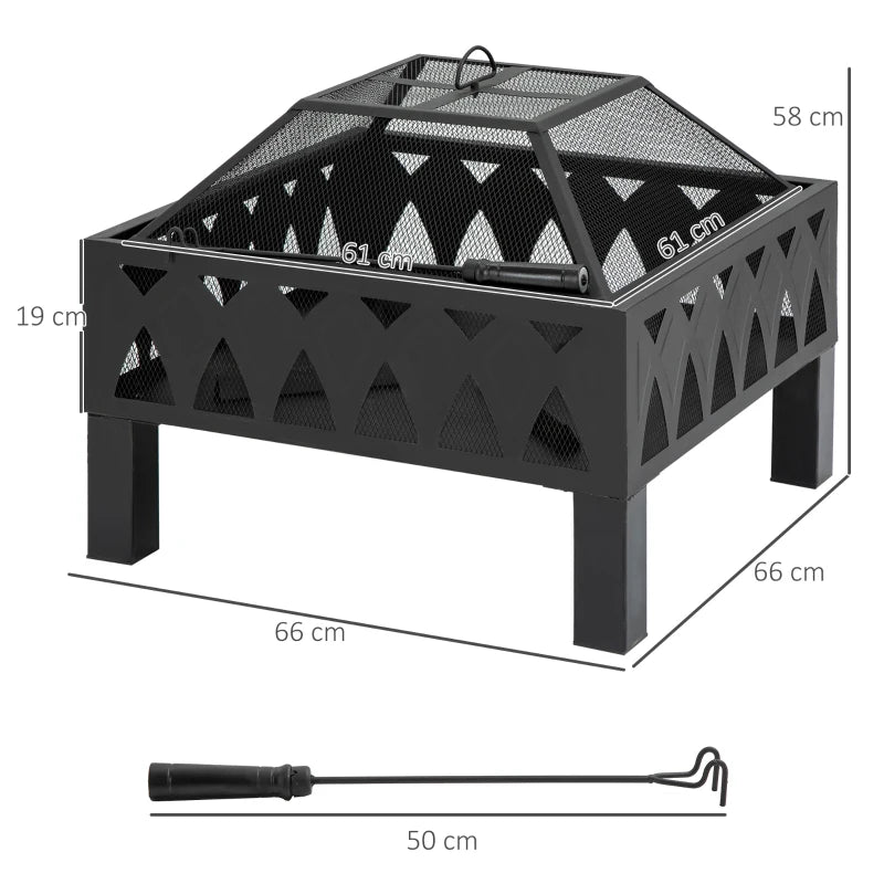 66cm Black Outdoor Fire Pit with Screen Cover & Poker - Wood Burning Firepit Bowl for Patio & Backyard