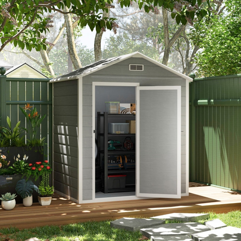 6ft x 4ft Grey Plastic Garden Shed with Floor, Window, Lockable Door and Vents - Wood Effect Resin Tool Storage for Outdoor Use