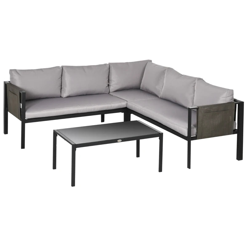 Grey Metal-Framed Garden Corner Sofa With Breathable Mesh Side Pockets