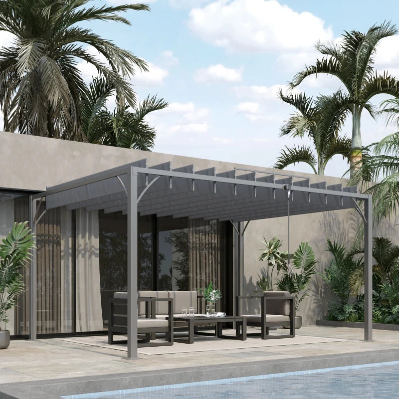 4m x 3m Grey Outdoor Pergola with Retractable Roof - Aluminium Louvered Patio Gazebo Canopy for Lawn and Garden