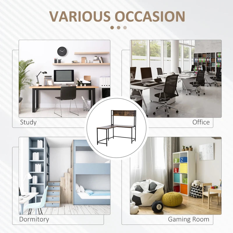 Industrial L-Shaped Desk with Bookshelf - Corner Computer Writing Table, Steel Frame, 140x125cm, Brown for Home Office & Study