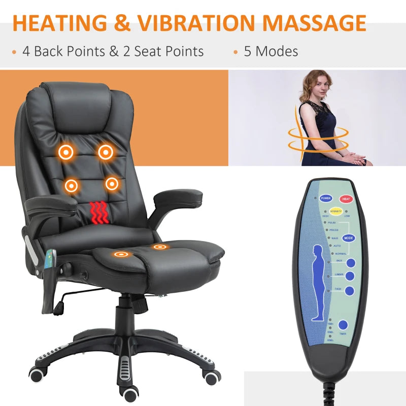 6-Point Heated Massage Office Chair - PU Leather High Back Executive Desk Chair with Adjustable Height & 360° Swivel - Black