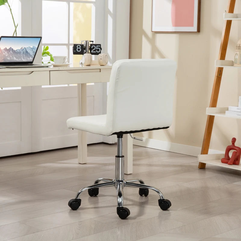 Modern PU Leather Armless Office Chair - Adjustable Height Swivel Vanity Chair with Rolling Wheels for Home Study & Bedroom - White